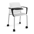 Santana 4 leg mobile chair with plastic seat and perforated back and chrome frame with castors and arms and writing tablet - white