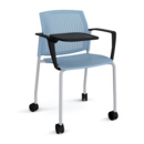 Santana 4 leg mobile chair with plastic seat and perforated back and grey frame with castors and arms and writing tablet - blue