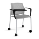Santana 4 leg mobile chair with plastic seat and perforated back and grey frame with castors and arms and writing tablet - grey