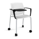 Santana 4 leg mobile chair with plastic seat and perforated back and grey frame with castors and arms and writing tablet - white