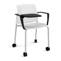 Santana 4 leg mobile chair with plastic seat and perforated back and grey frame with castors and arms and writing tablet - white