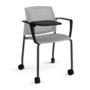 Santana 4 leg mobile chair with plastic seat and perforated back and black frame with castors and arms and writing tablet - grey
