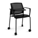 Santana 4 leg mobile chair with plastic seat and perforated back and black frame with castors and arms and writing tablet - black