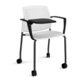 Santana 4 leg mobile chair with plastic seat and perforated back and black frame with castors and arms and writing tablet - white
