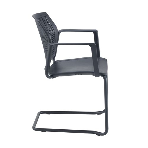 Santana cantilever chair with plastic seat and perforated back and black frame and fixed arms - black