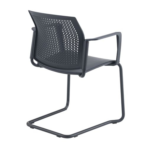 Santana cantilever chair with plastic seat and perforated back and black frame and fixed arms - black