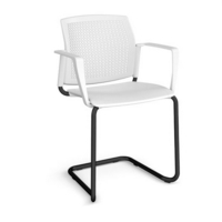 Santana cantilever chair with plastic seat and perforated back and black frame and fixed arms - white