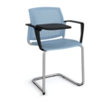 Santana cantilever chair with plastic seat and perforated back and chrome frame with arms and writing tablet - blue