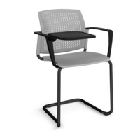 Santana cantilever chair with plastic seat and perforated back and black frame with arms and writing tablet - grey