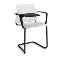 Santana cantilever chair with plastic seat and perforated back and black frame with arms and writing tablet - white