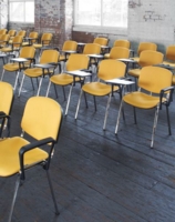 Taurus meeting room chair with chrome frame and writing tablet - blue