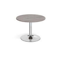 Trumpet base circular boardroom table 1000mm - chrome base and grey oak top