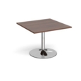 Trumpet base square extension table 1000mm x 1000mm - chrome base and walnut top