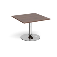 Trumpet base square extension table 1000mm x 1000mm - chrome base and walnut top