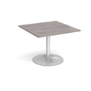 Trumpet base square extension table 1000mm x 1000mm - silver base and grey oak top