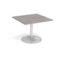 Trumpet base square extension table 1000mm x 1000mm - silver base and grey oak top