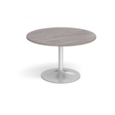 Trumpet base circular boardroom table 1200mm - silver base and grey oak top