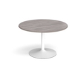 Trumpet base circular boardroom table 1200mm - white base and grey oak top