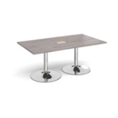 Trumpet base rectangular boardroom table 1800mm x 1000mm with central cutout 272mm x 132mm - chrome base and grey oak top