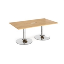 Trumpet base rectangular boardroom table 1800mm x 1000mm with central cutout 272mm x 132mm - chrome base and oak top