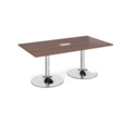 Trumpet base rectangular boardroom table 1800mm x 1000mm with central cutout 272mm x 132mm - chrome base and walnut top