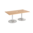 Trumpet base rectangular boardroom table 1800mm x 1000mm with central cutout 272mm x 132mm - silver base and beech top