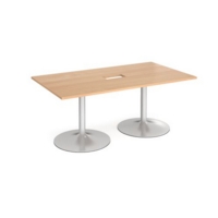 Trumpet base rectangular boardroom table 1800mm x 1000mm with central cutout 272mm x 132mm - silver base and beech top