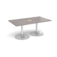Trumpet base rectangular boardroom table 1800mm x 1000mm with central cutout 272mm x 132mm - silver base and grey oak top
