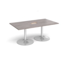 Trumpet base rectangular boardroom table 1800mm x 1000mm with central cutout 272mm x 132mm - silver base and grey oak top