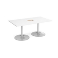 Trumpet base rectangular boardroom table 1800mm x 1000mm with central cutout 272mm x 132mm - silver base and white top