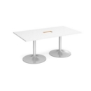 Trumpet base rectangular boardroom table 1800mm x 1000mm with central cutout 272mm x 132mm - silver base and white top