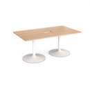Trumpet base rectangular boardroom table 1800mm x 1000mm with central cutout 272mm x 132mm - white base and beech top