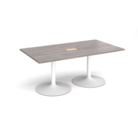 Trumpet base rectangular boardroom table 1800mm x 1000mm with central cutout 272mm x 132mm - white base and grey oak top