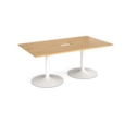 Trumpet base rectangular boardroom table 1800mm x 1000mm with central cutout 272mm x 132mm - white base and oak top