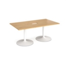 Trumpet base rectangular boardroom table 1800mm x 1000mm with central cutout 272mm x 132mm - white base and oak top