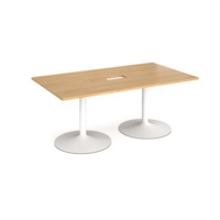 Trumpet base rectangular boardroom table 1800mm x 1000mm with central cutout 272mm x 132mm - white base and oak top