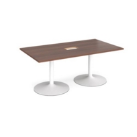 Trumpet base rectangular boardroom table 1800mm x 1000mm with central cutout 272mm x 132mm - white base and walnut top