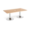Trumpet base rectangular boardroom table 2000mm x 1000mm with central cutout 272mm x 132mm - chrome base and beech top