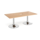 Trumpet base rectangular boardroom table 2000mm x 1000mm with central cutout 272mm x 132mm - chrome base and beech top