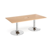 Trumpet base rectangular boardroom table 2000mm x 1000mm with central cutout 272mm x 132mm - chrome base and beech top