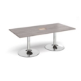 Trumpet base rectangular boardroom table 2000mm x 1000mm with central cutout 272mm x 132mm - chrome base and grey oak top