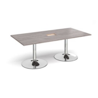 Trumpet base rectangular boardroom table 2000mm x 1000mm with central cutout 272mm x 132mm - chrome base and grey oak top