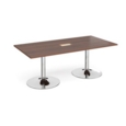 Trumpet base rectangular boardroom table 2000mm x 1000mm with central cutout 272mm x 132mm - chrome base and walnut top