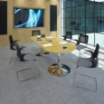 Trumpet base rectangular boardroom table 2000mm x 1000mm with central cutout 272mm x 132mm - chrome base and white top