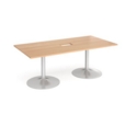 Trumpet base rectangular boardroom table 2000mm x 1000mm with central cutout 272mm x 132mm - silver base and beech top
