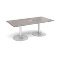 Trumpet base rectangular boardroom table 2000mm x 1000mm with central cutout 272mm x 132mm - silver base and grey oak top