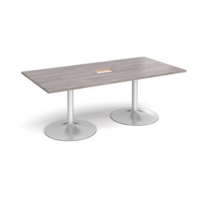 Trumpet base rectangular boardroom table 2000mm x 1000mm with central cutout 272mm x 132mm - silver base and grey oak top
