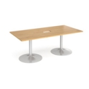 Trumpet base rectangular boardroom table 2000mm x 1000mm with central cutout 272mm x 132mm - silver base and oak top