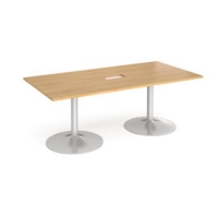 Trumpet base rectangular boardroom table 2000mm x 1000mm with central cutout 272mm x 132mm - silver base and oak top