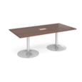 Trumpet base rectangular boardroom table 2000mm x 1000mm with central cutout 272mm x 132mm - silver base and walnut top